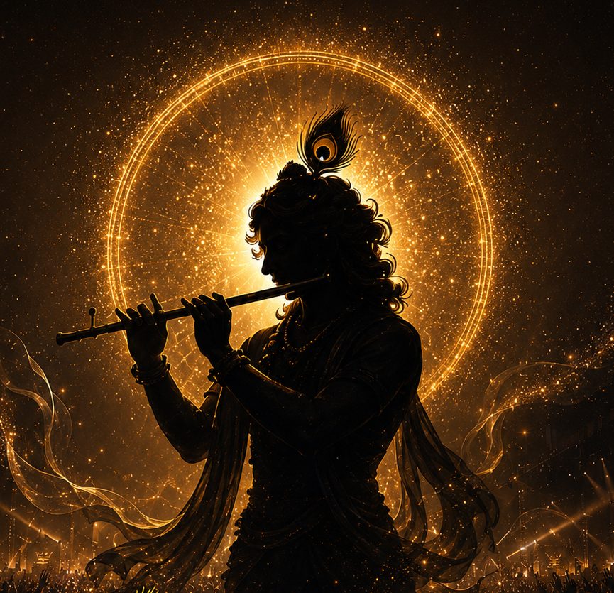 Silhouette of Krishna playing the flute before a radiant halo